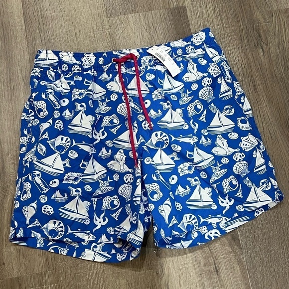 NWT J. Crew Size M 6” Stretch Swim Trunks Blue Lobster Sailboat Shell Summer - Picture 6 of 9